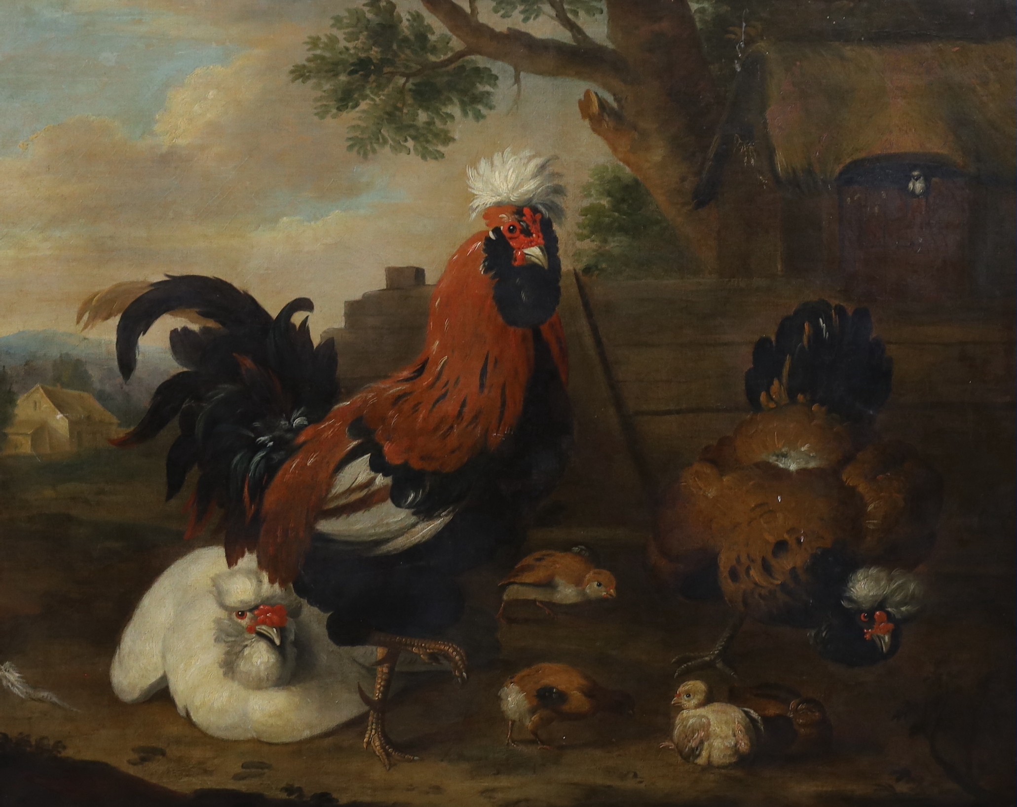 Manner of Melchior d'Hondecoeter (Dutch, c.1636-1695), A cockerel, chickens and chicks in a farmyard, oil on canvas, 70 x 86cm